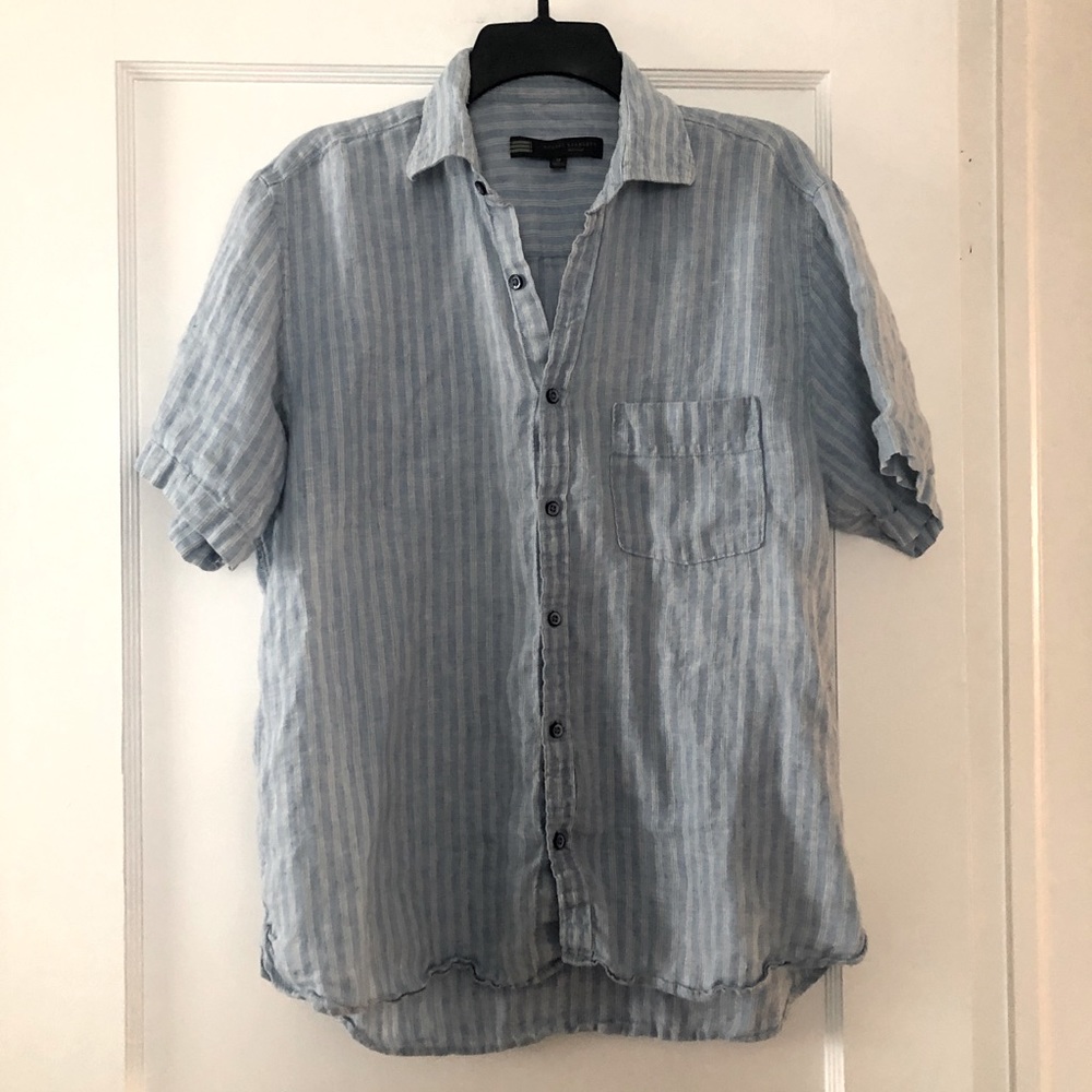 Blue Robert Barakett Short Sleeve Button Down Shirt - 100% Linen Medium Updated